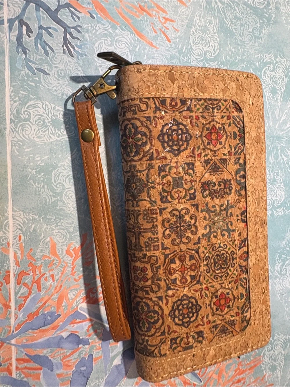 Cork Zip Wallet with Patterned Inlay - Neutral Tan - Picture 3 of 4